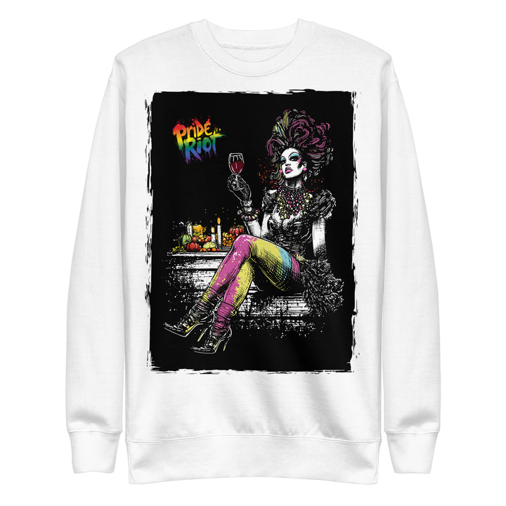 Friendsgiving Queen sweatshirt — white, front — Pride Riot