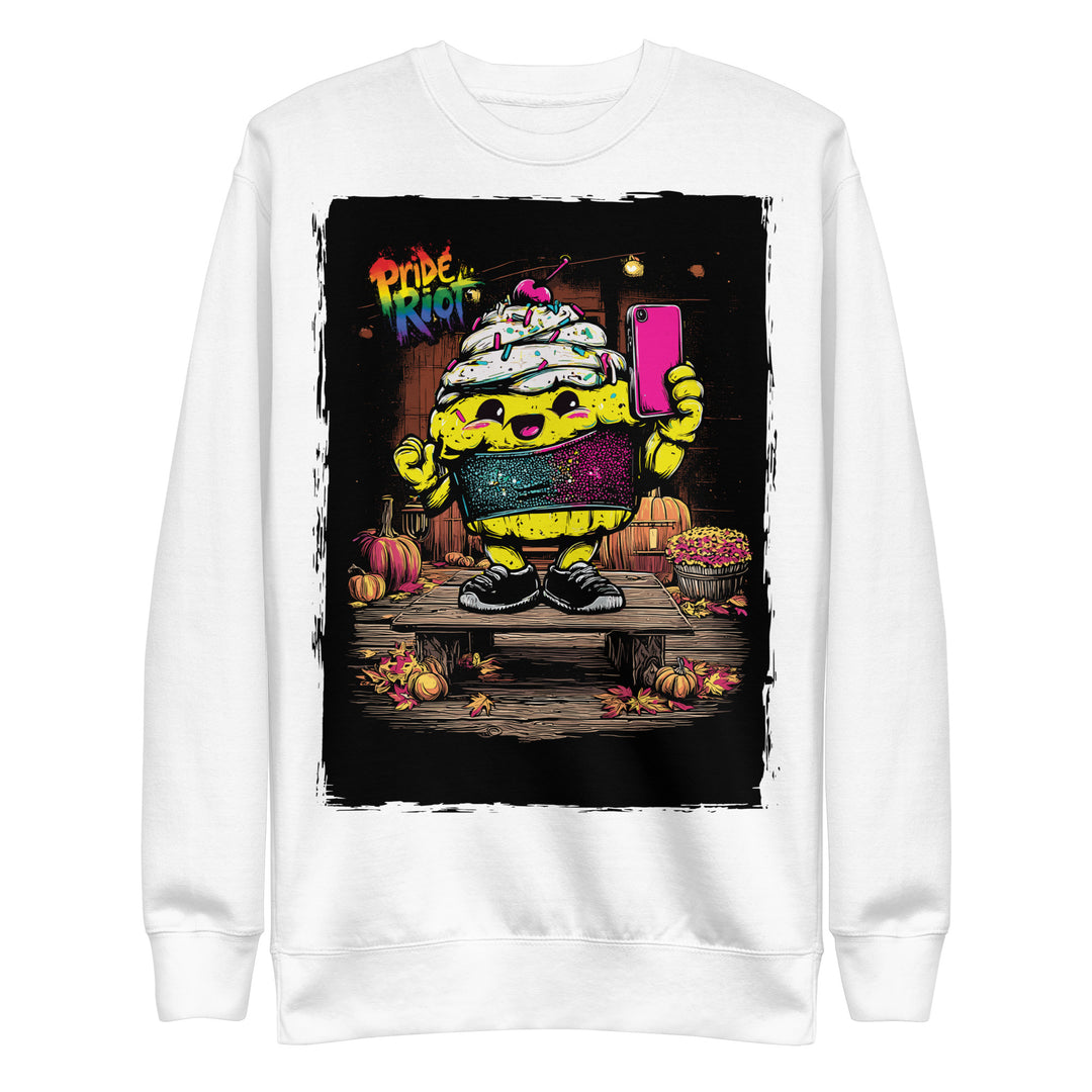 Friendsgiving Tinky Cake sweatshirt — white, front — Pride Riot