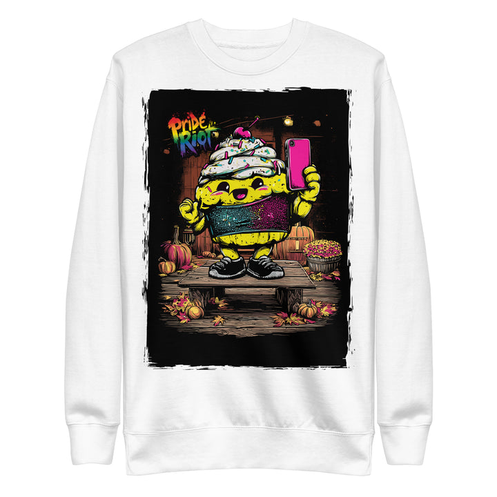 Friendsgiving Tinky Cake sweatshirt — white, front — Pride Riot