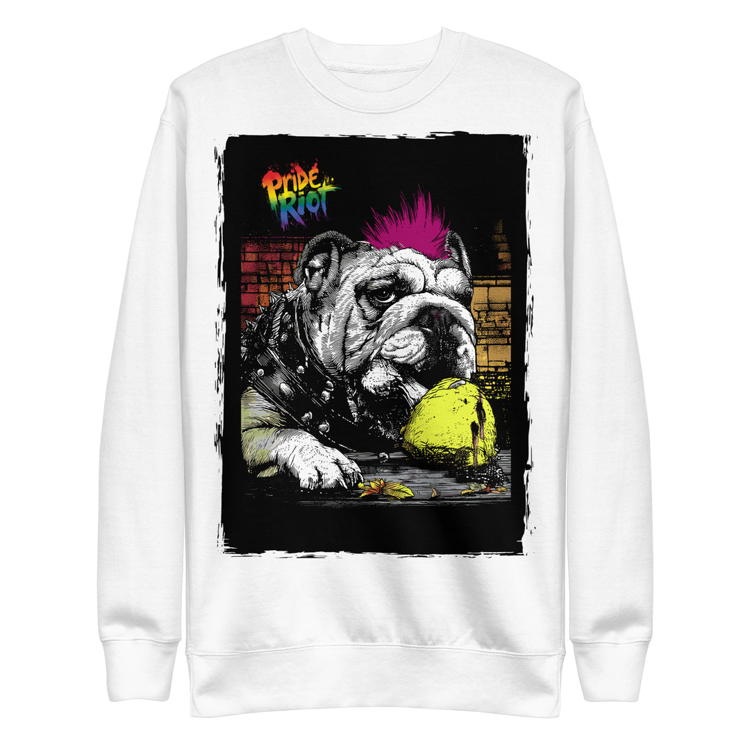 Friendsgiving Bulldog sweatshirt — white, front — Pride Riot
