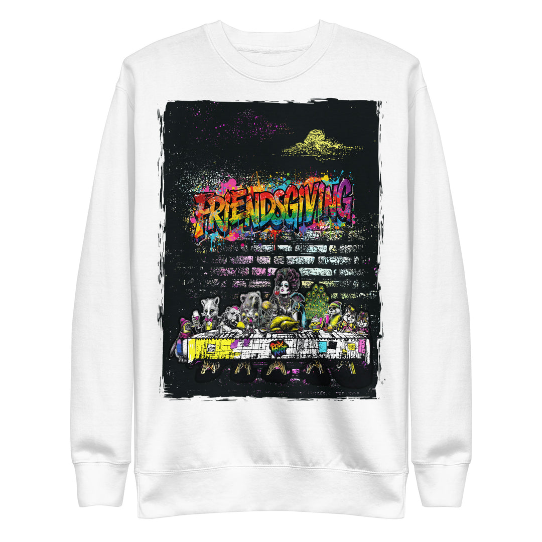 Friendsgiving Wall Feast sweatshirt — white, front — Pride Riot