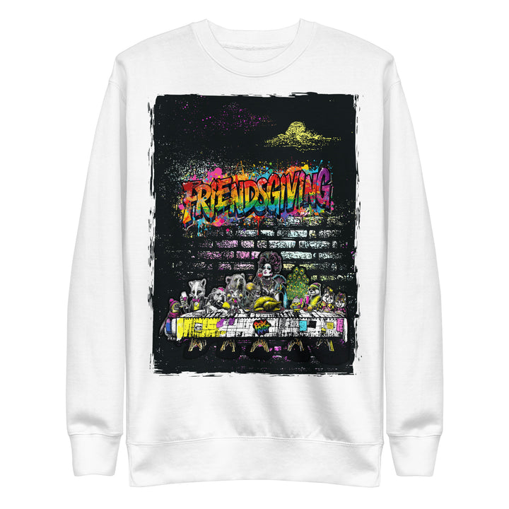 Friendsgiving Wall Feast sweatshirt — white, front — Pride Riot