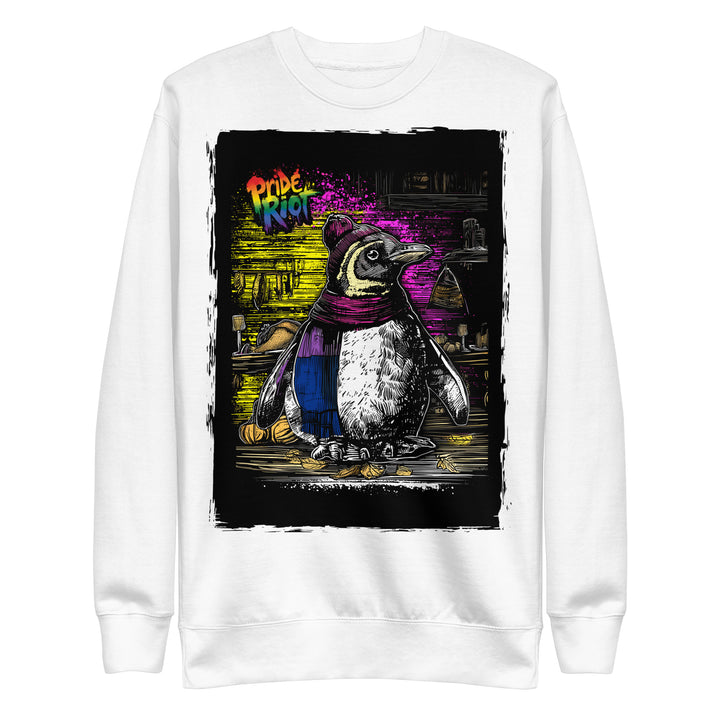 Friendsgiving Penguin sweatshirt — white, front — Pride Riot