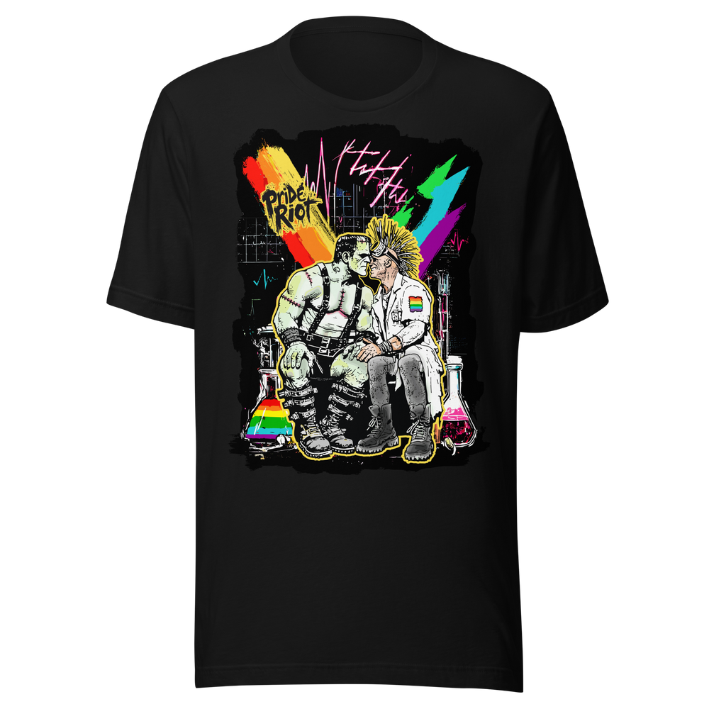 Frankenstein tee — black, front — Pride Riot
