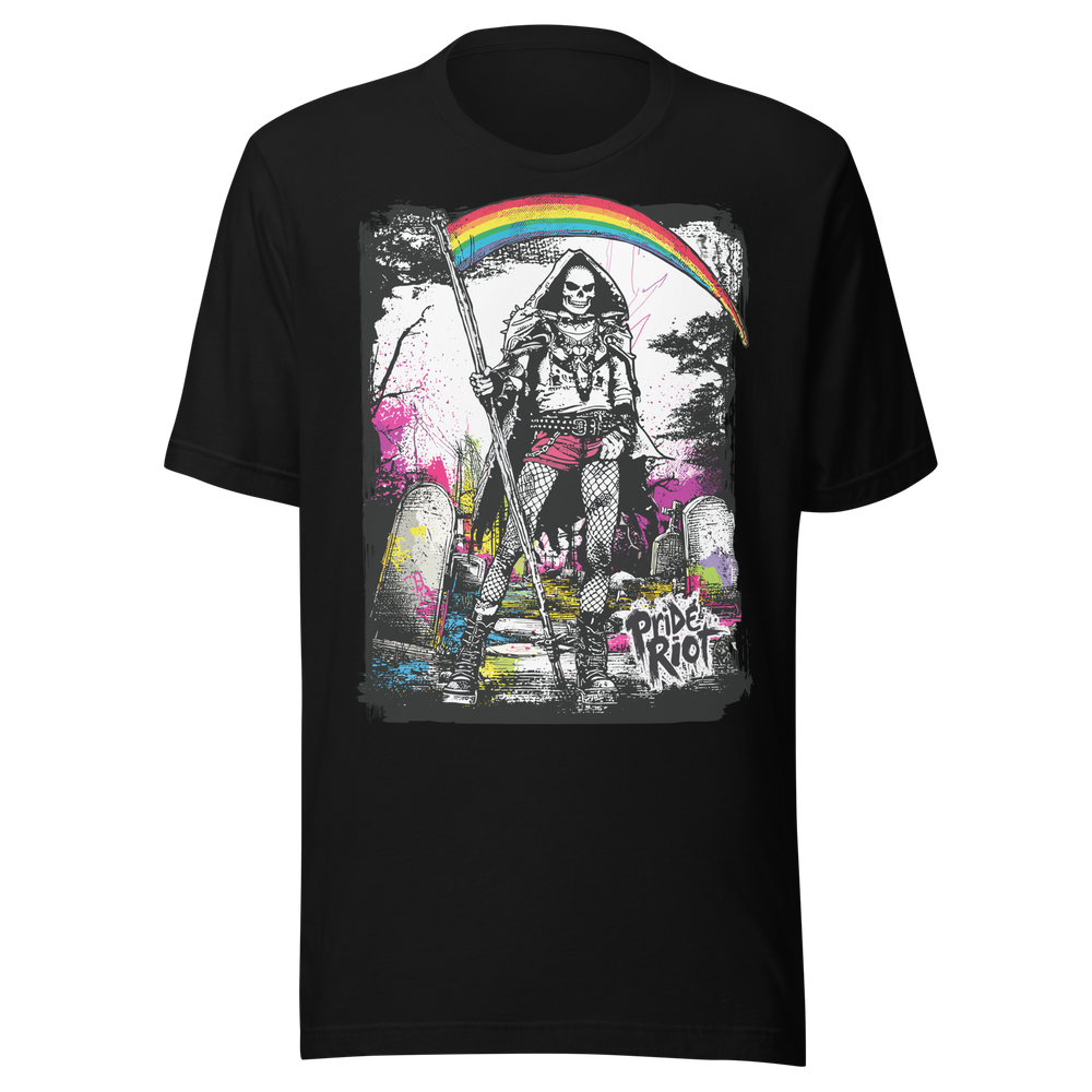 Reaper tee — black, front — Pride Riot