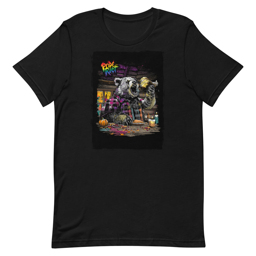 Friendsgiving Bear tee — black, front — Pride Riot