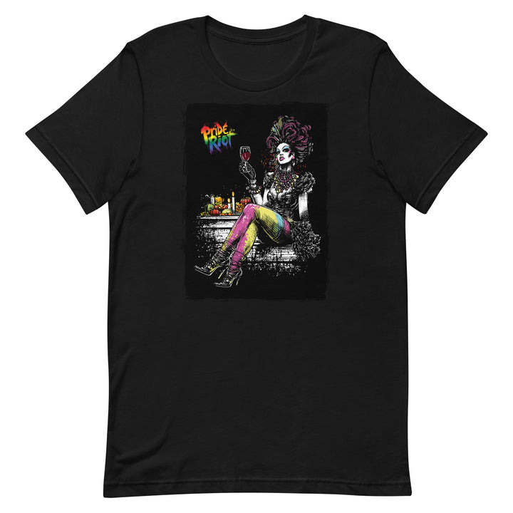 Friendsgiving Queen tee — black, front — Pride Riot
