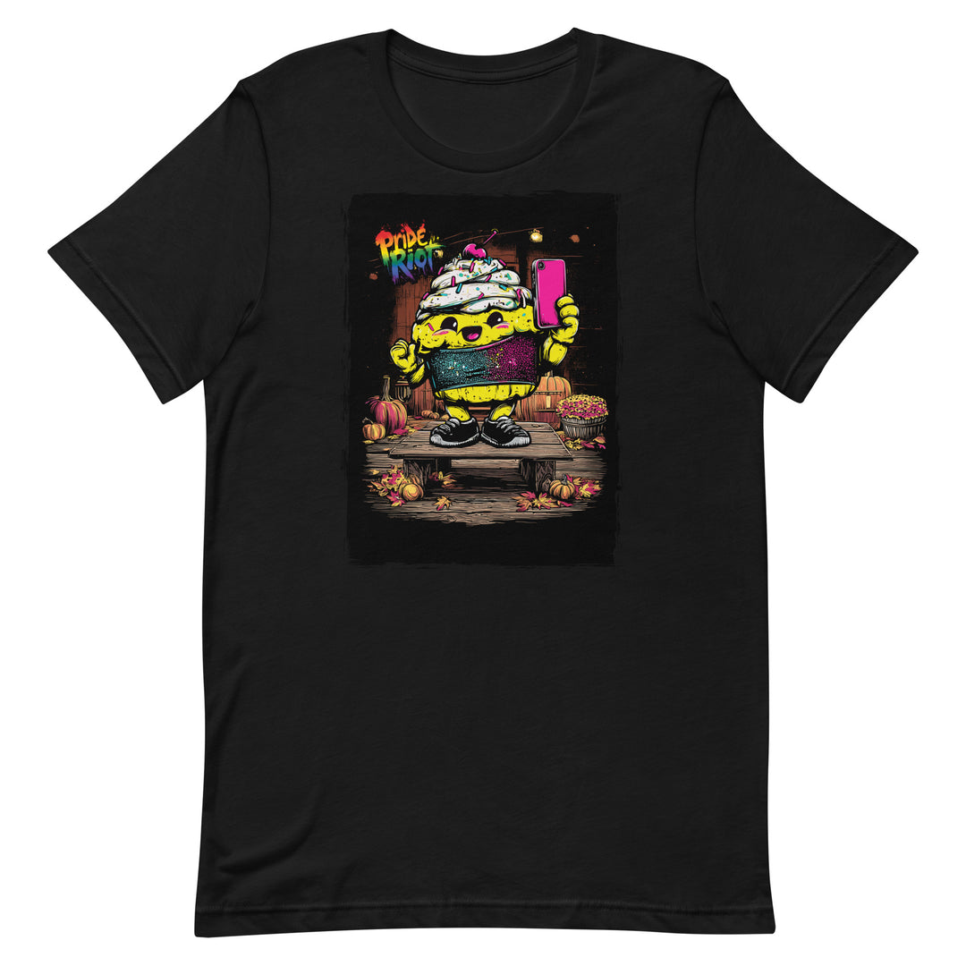 Friendsgiving Tinky Cake tee — black, front — Pride Riot