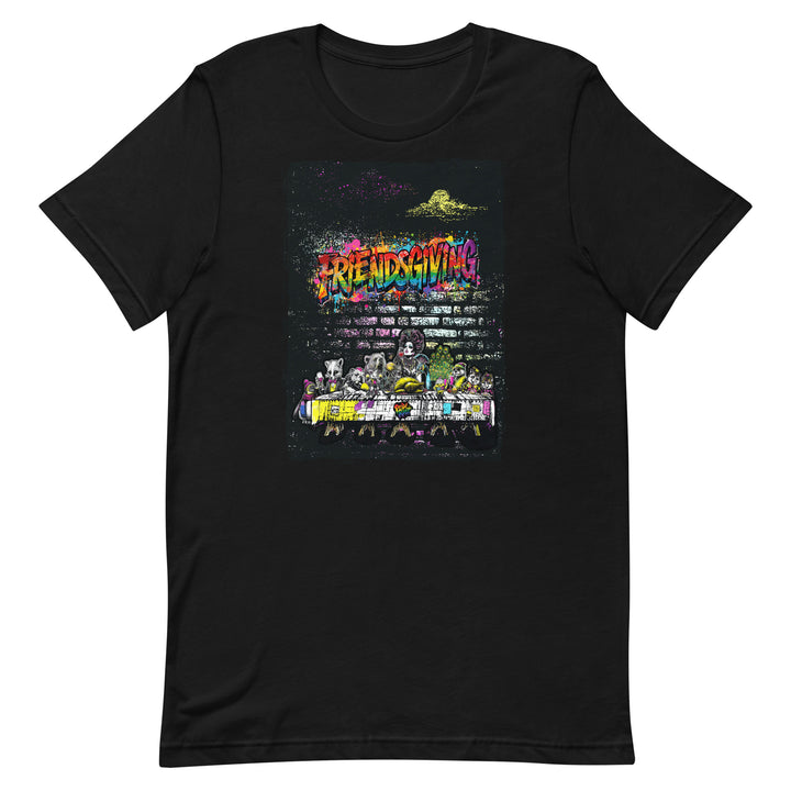 Friendsgiving Wall Feast tee — black, front — Pride Riot