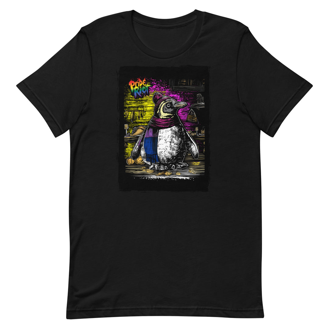 Friendsgiving Penguin tee — black, front — Pride Riot