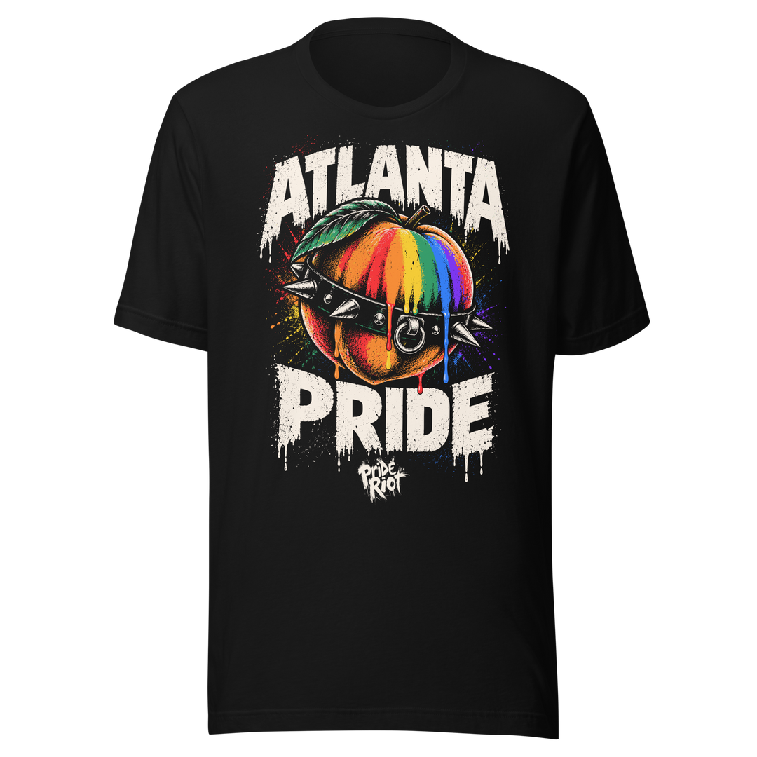 Atlanta Pride tee in black, front — rainbow peach in a spiked collar, Pride Riot®