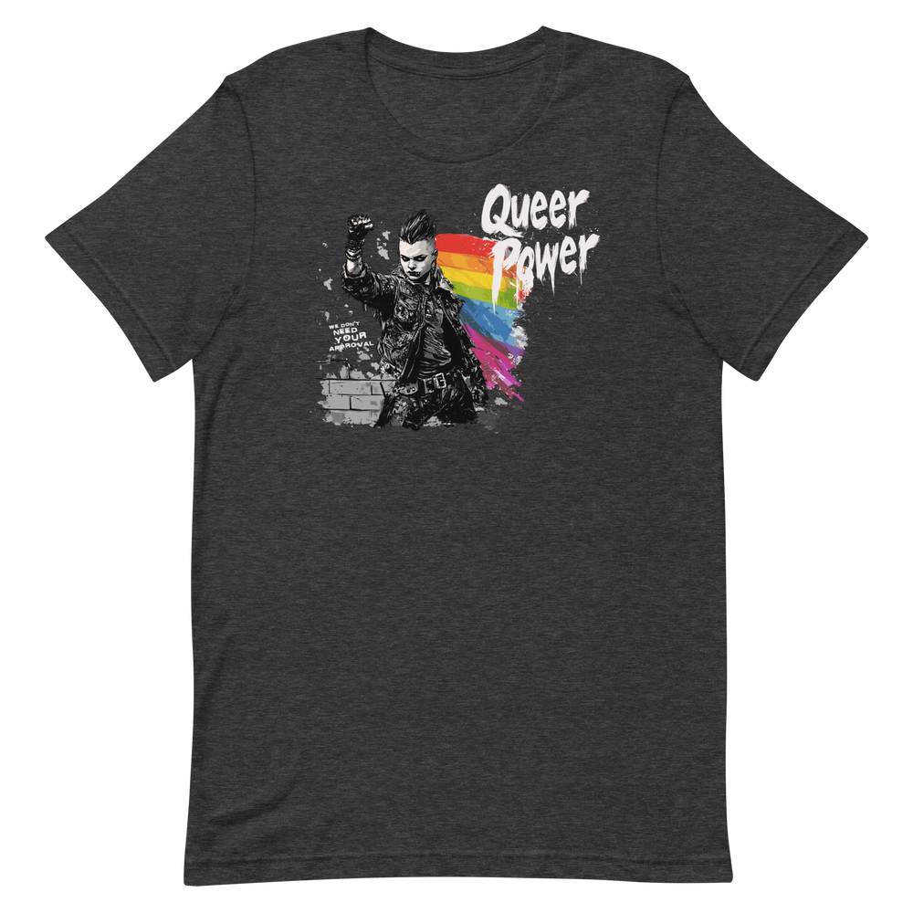 Queer Power (Dark) tee in Dark Grey Heather, front