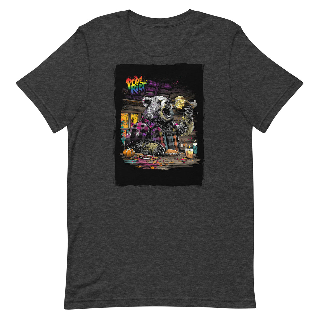 Friendsgiving Bear tee — dark grey heather, front — Pride Riot
