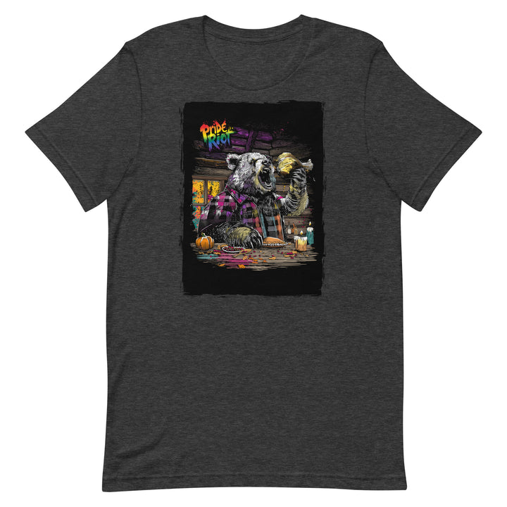 Friendsgiving Bear tee — dark grey heather, front — Pride Riot
