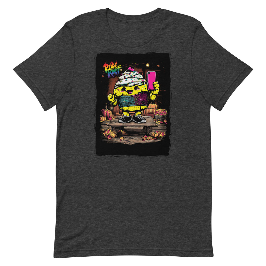 Friendsgiving Tinky Cake tee — dark grey heather, front — Pride Riot
