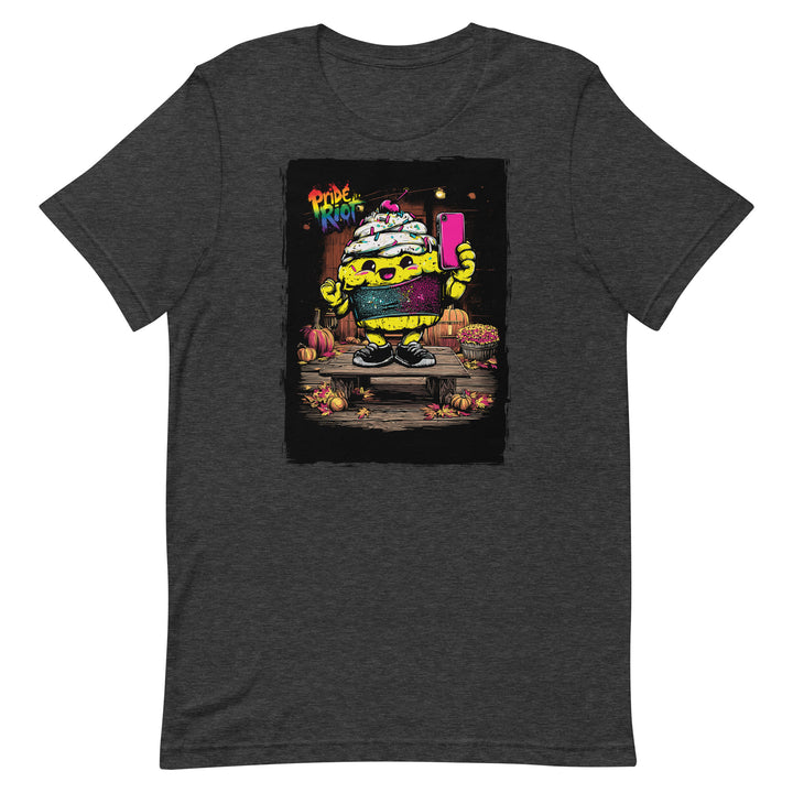 Friendsgiving Tinky Cake tee — dark grey heather, front — Pride Riot