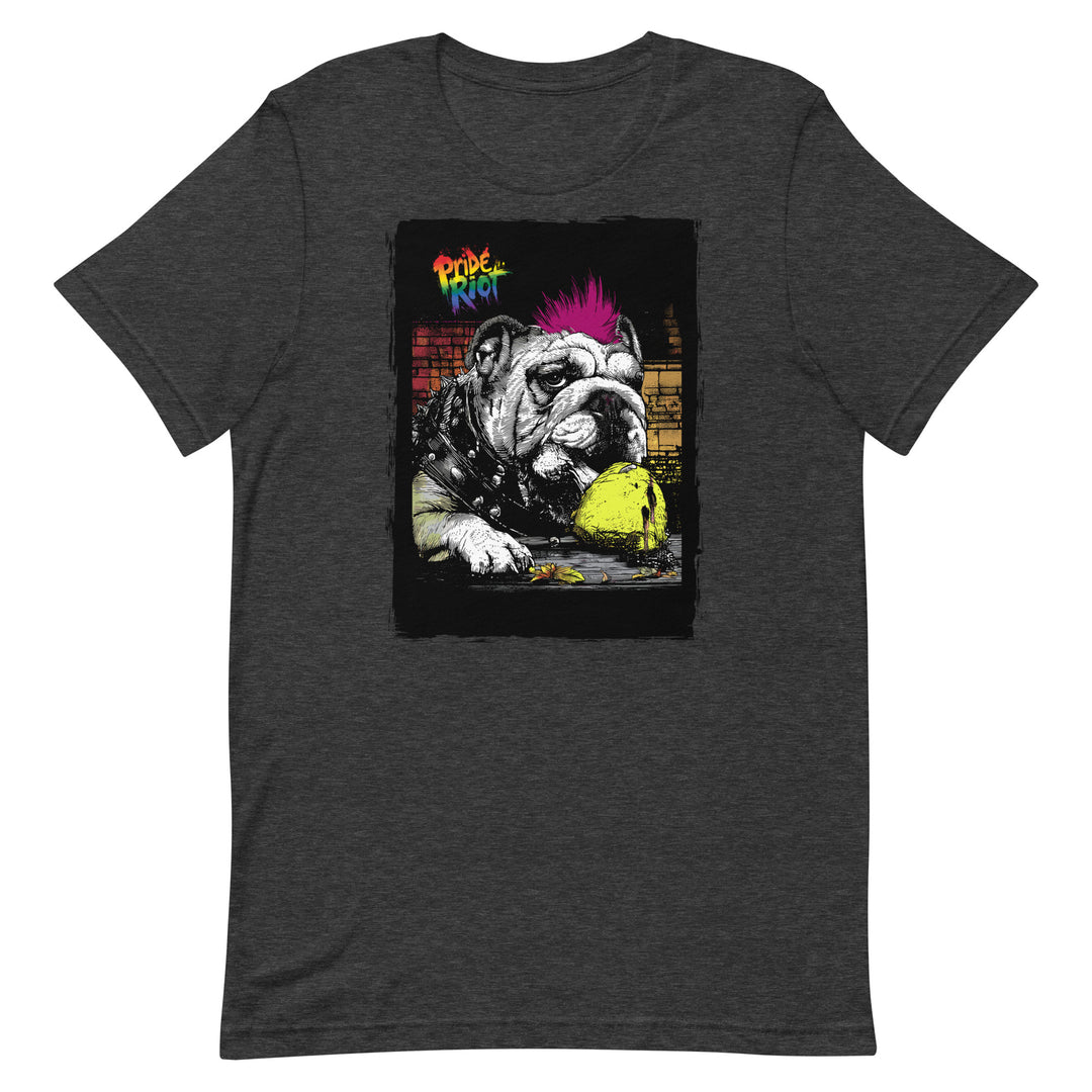Friendsgiving Bulldog tee — dark grey heather, front — Pride Riot
