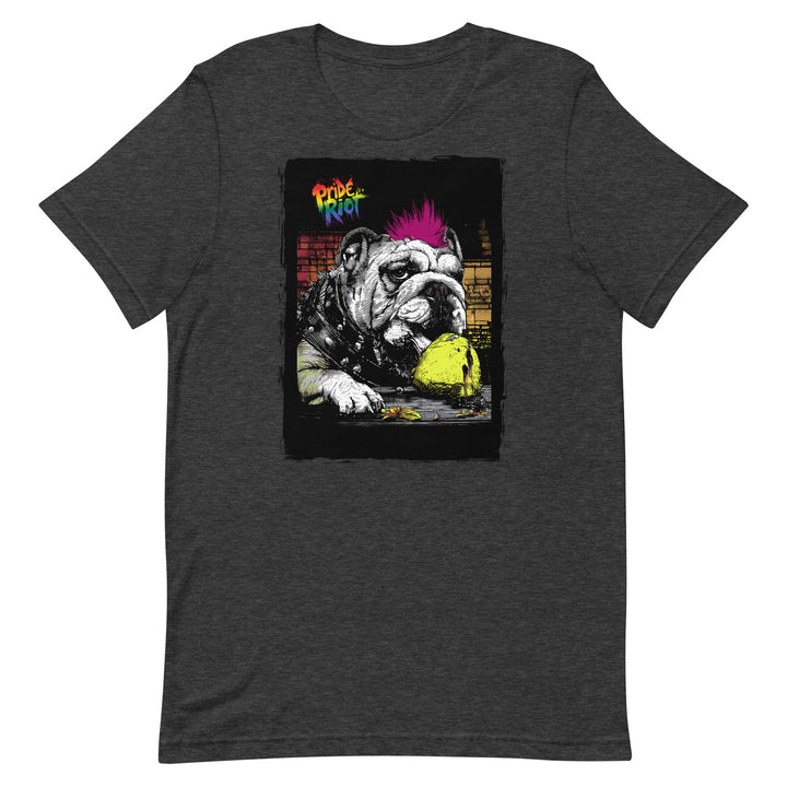 Friendsgiving Bulldog tee — dark grey heather, front — Pride Riot