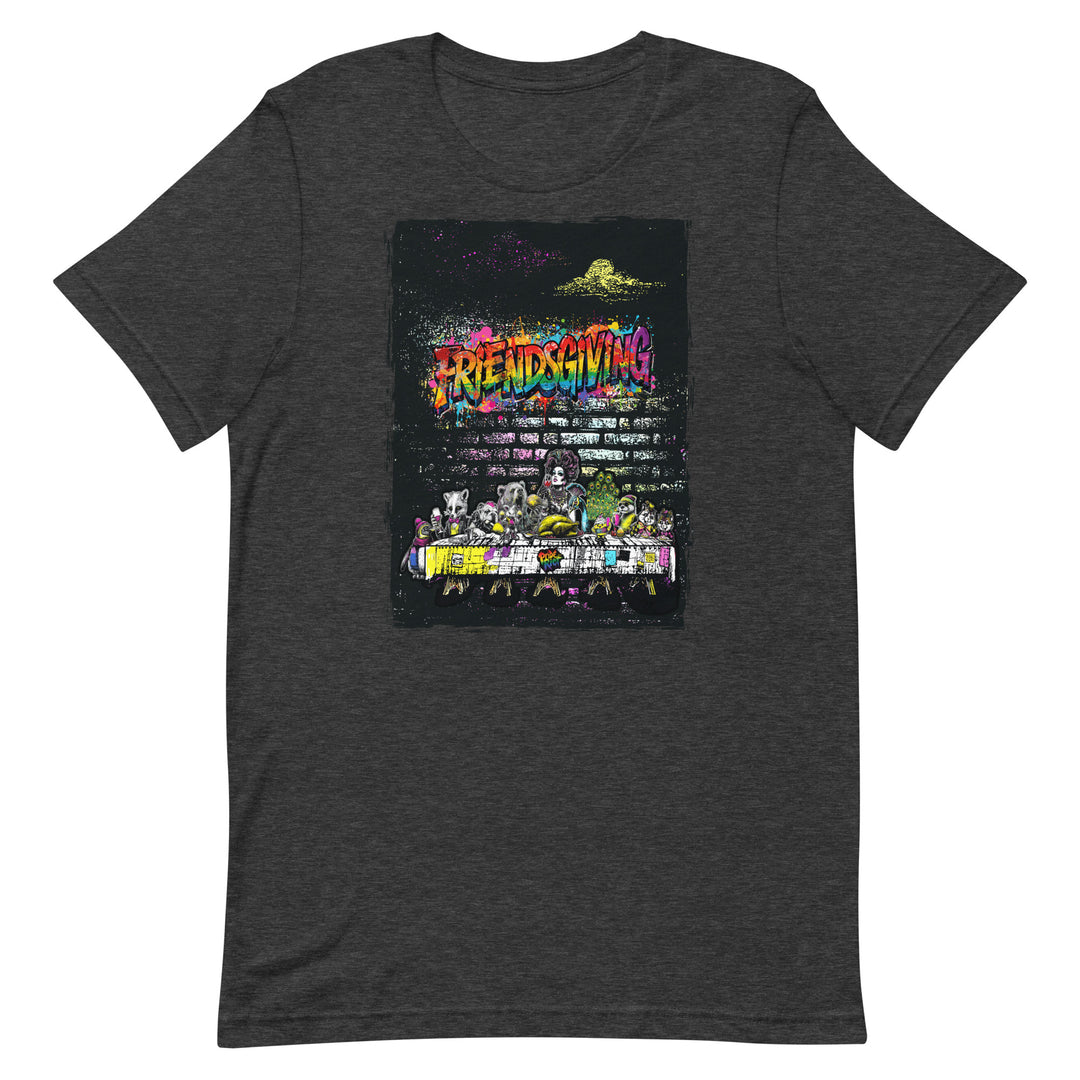 Friendsgiving Wall Feast tee — dark grey heather, front — Pride Riot
