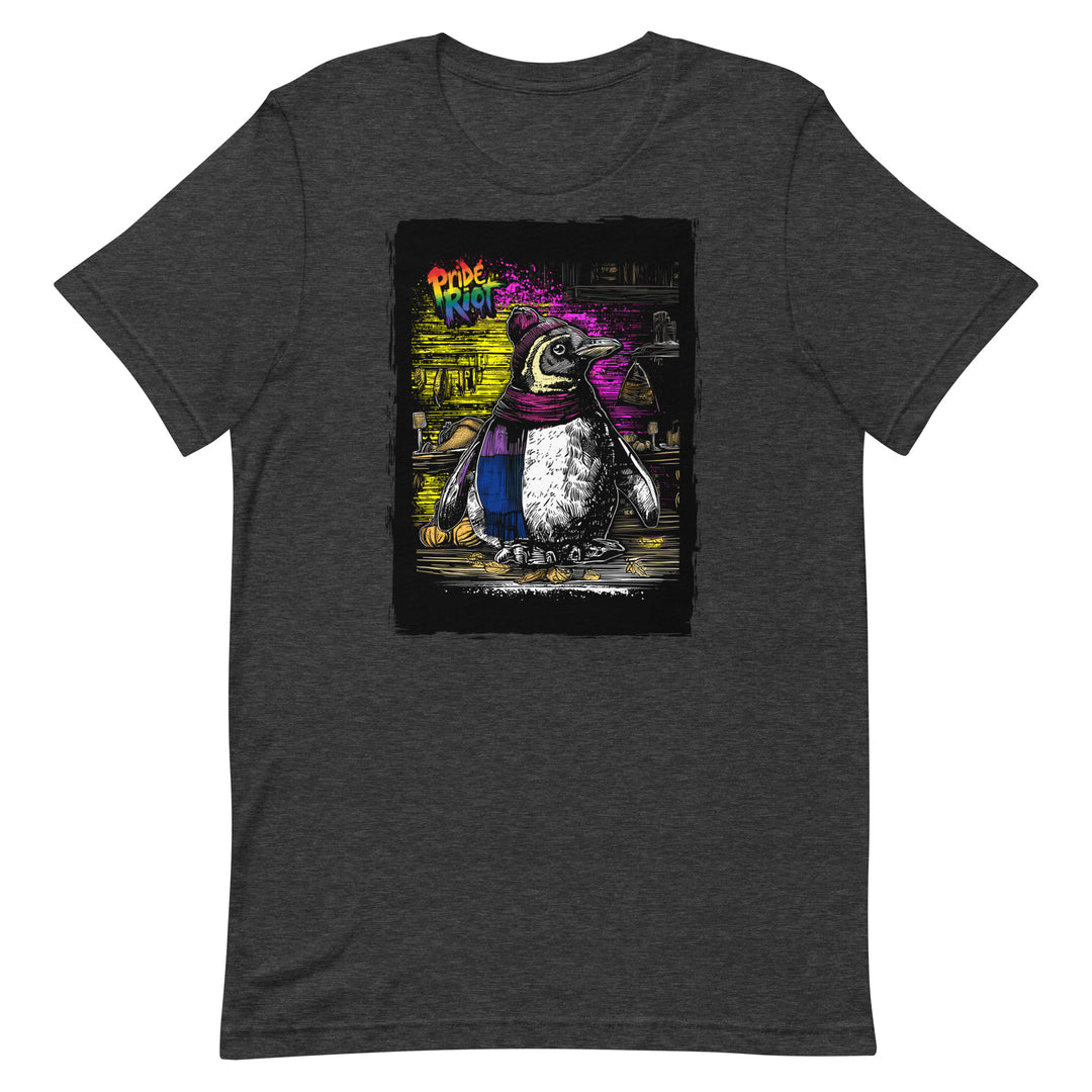 Friendsgiving Penguin tee — dark grey heather, front — Pride Riot