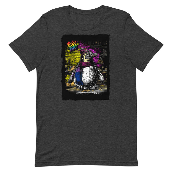 Friendsgiving Penguin tee — dark grey heather, front — Pride Riot