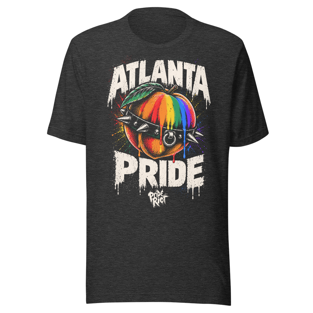 Atlanta Pride tee in dark grey heather, front — rainbow peach in a spiked collar, Pride Riot®