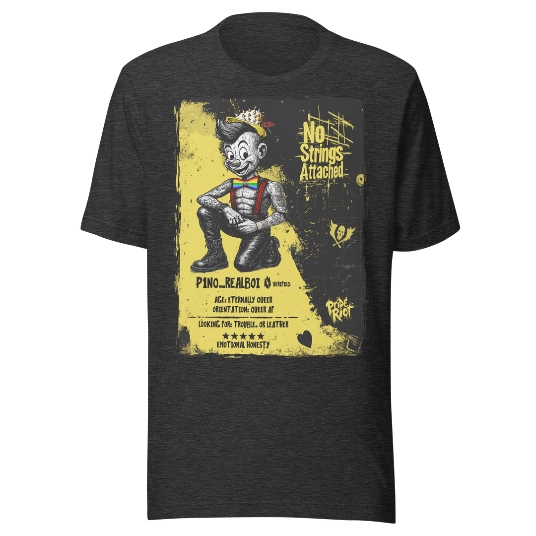 Pinocchio: No Strings Attached — Tee — Dark Grey Heather, front
