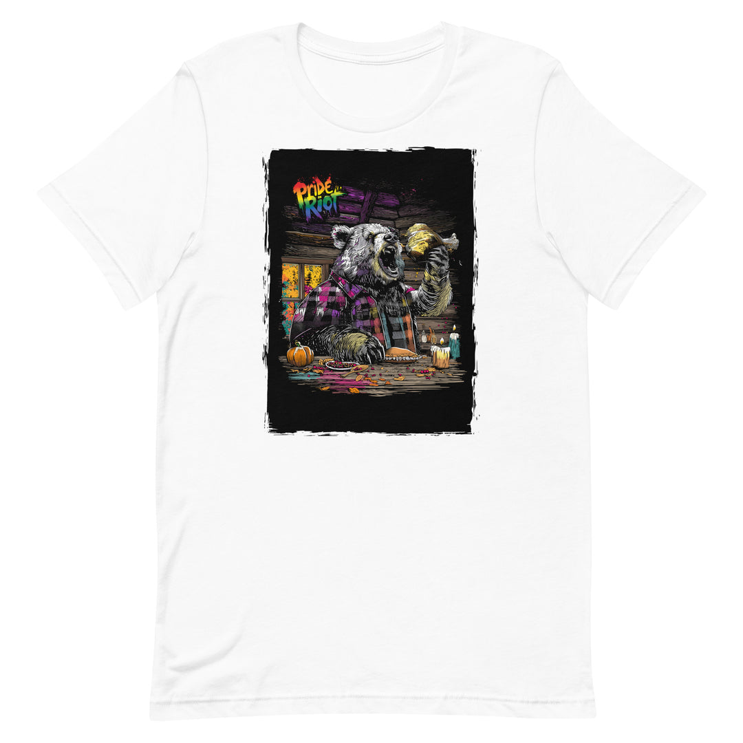 Friendsgiving Bear tee — white, front — Pride Riot
