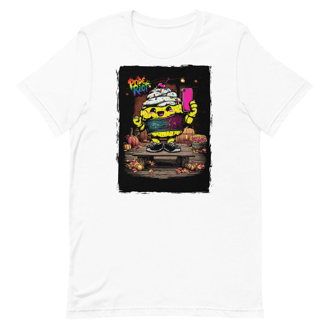 Friendsgiving Tinky Cake tee — white, front — Pride Riot