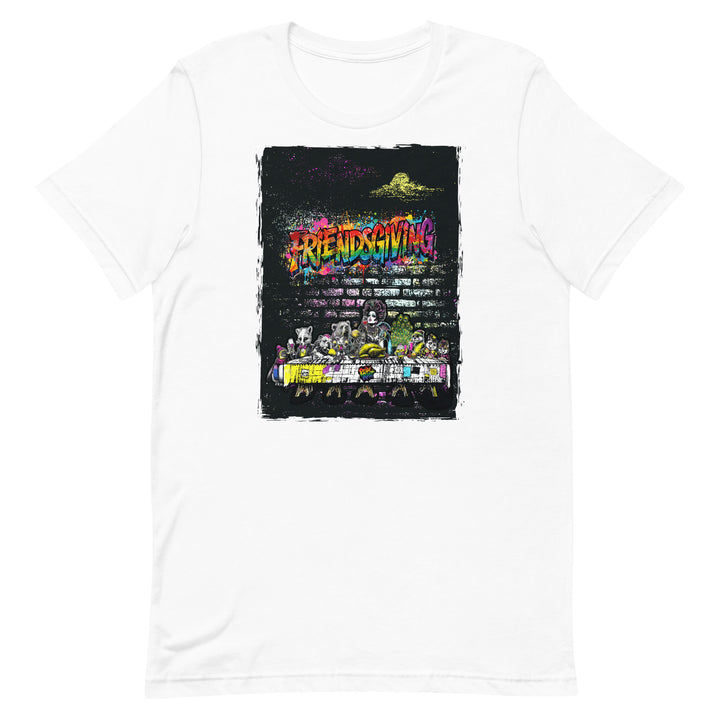 Friendsgiving Wall Feast tee — white, front — Pride Riot