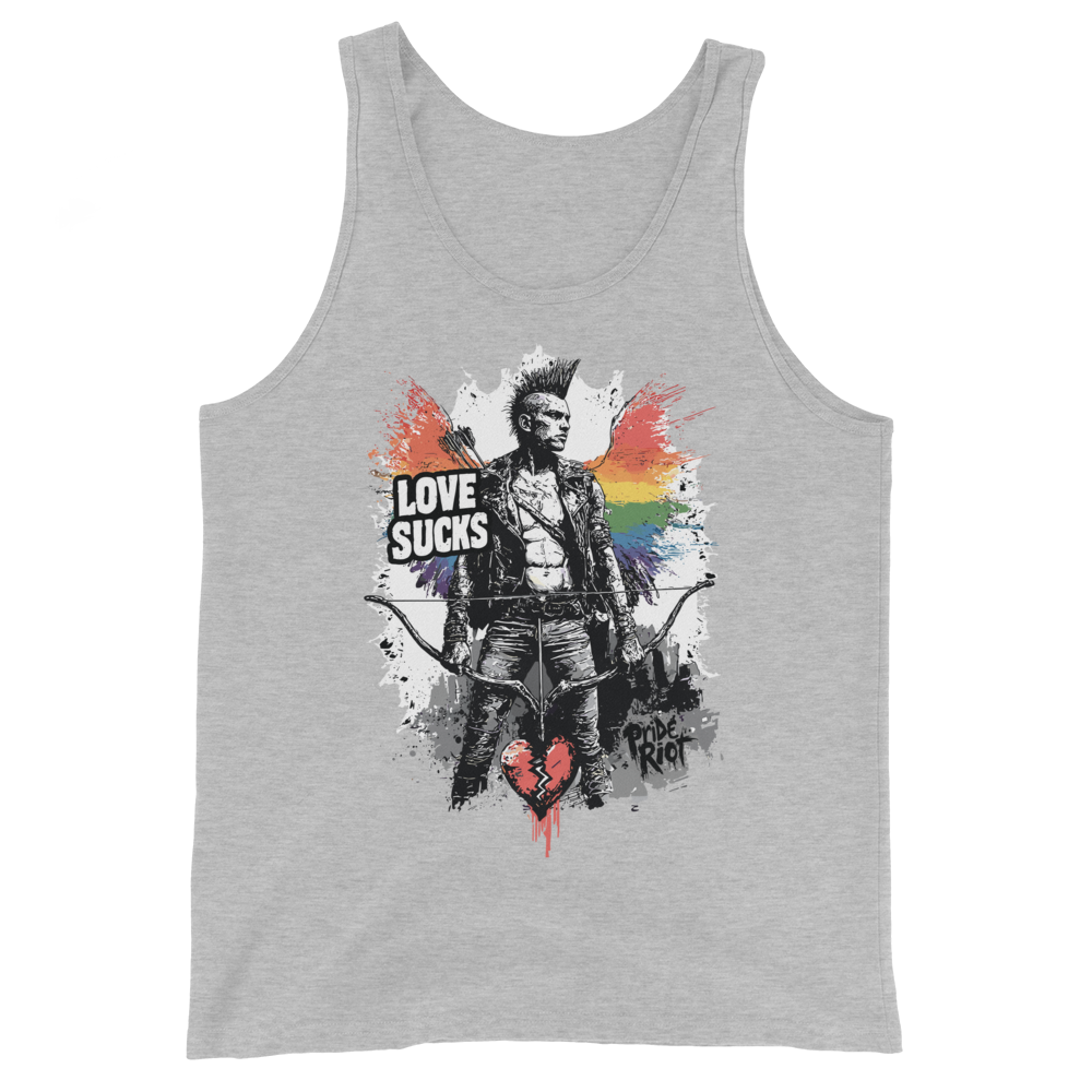 Love Sucks tank in Athletic Heather, front