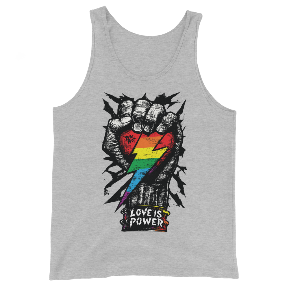 Love is Power tank in Athletic Heather, front
