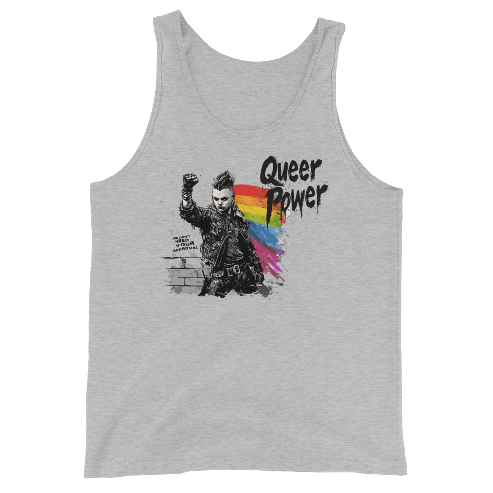 Queer Power tank in Athletic Heather, front