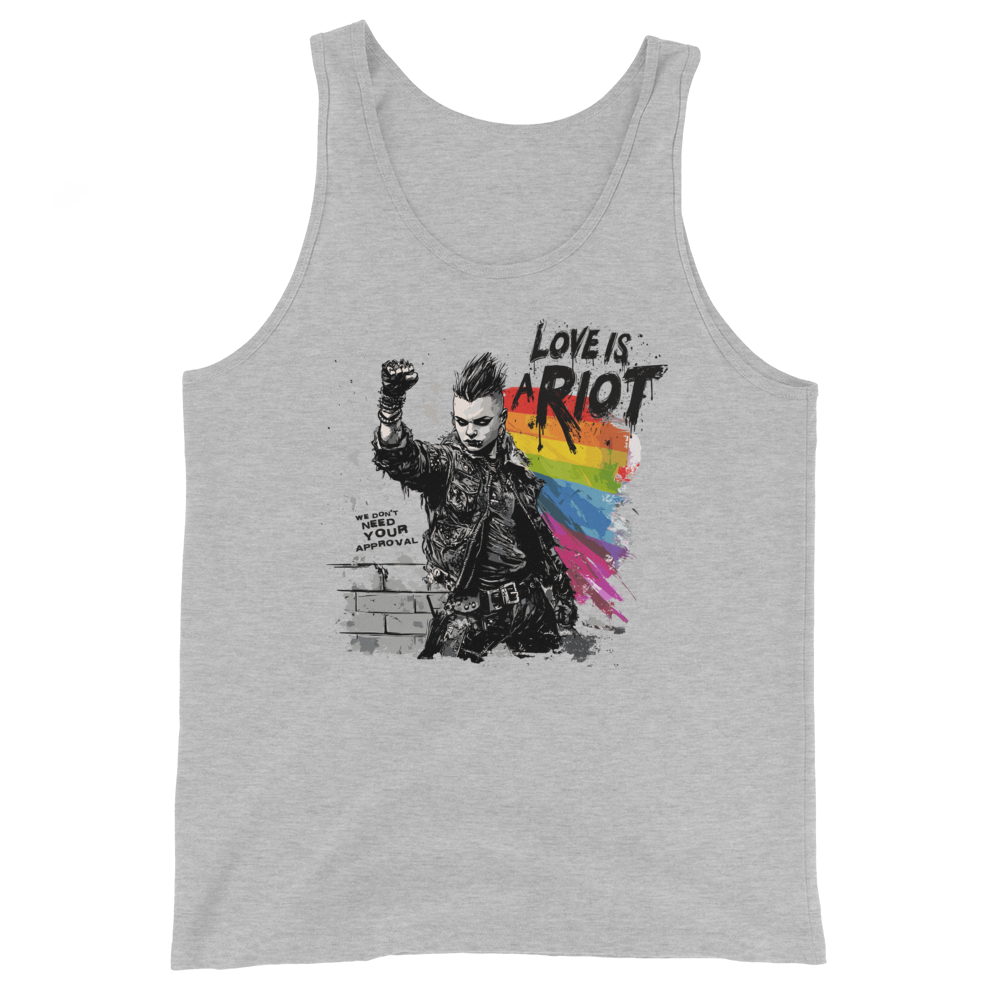Love is a Riot tank in Athletic Heather, front