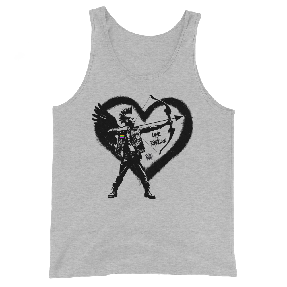 Cupid Love is Rebellion tank in Athletic Heather, front