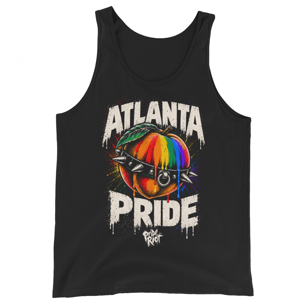 Atlanta Pride tank in black, front — rainbow peach in a spiked collar, Pride Riot®