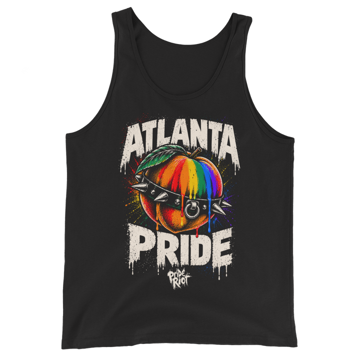 Atlanta Pride tank in black, front — rainbow peach in a spiked collar, Pride Riot®