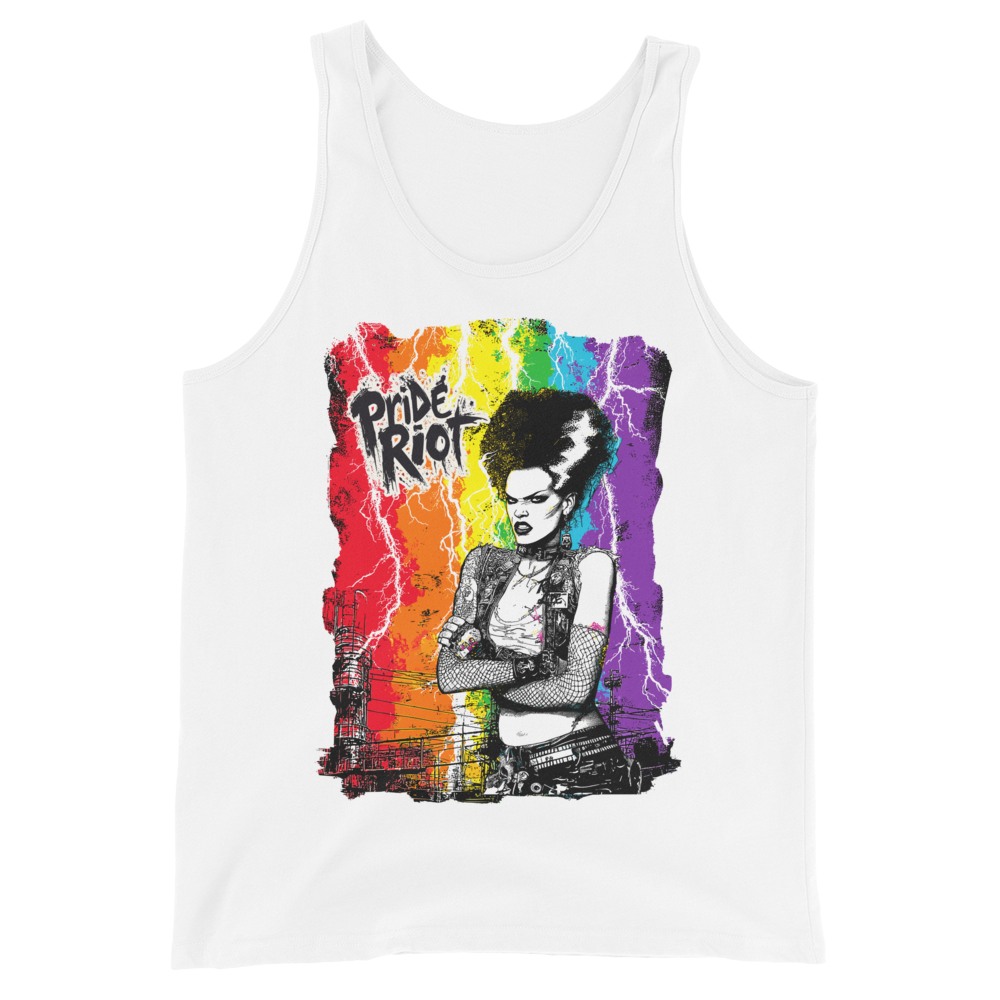 Bride tank — white, front — Pride Riot