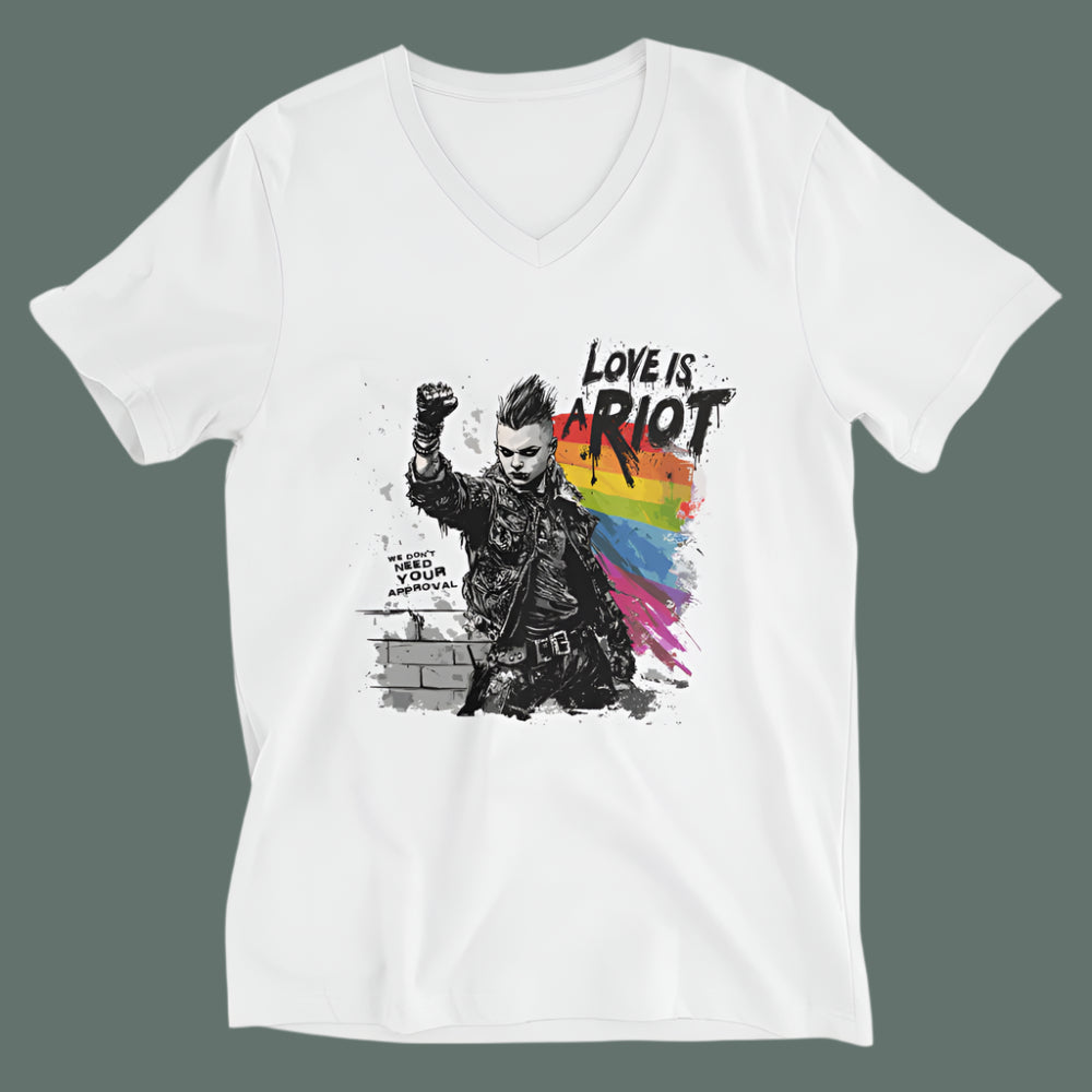 Love Is a Riot LGBTQ+ Punk Pride V-Neck – White Unisex Tee for Queer Rebels 2025