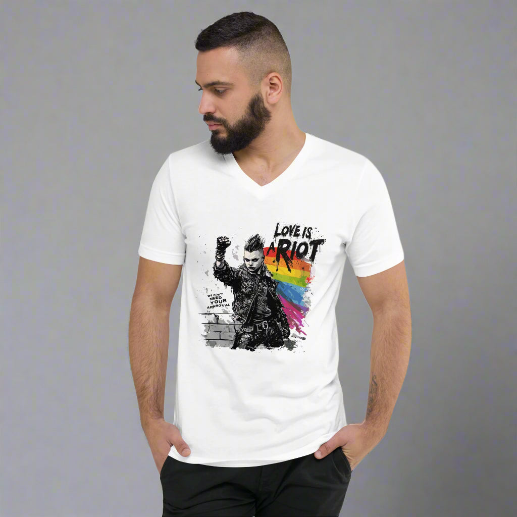 Love Is a Riot LGBTQ+ Punk Pride V-Neck – White Unisex Tee for Queer Rebels 2025