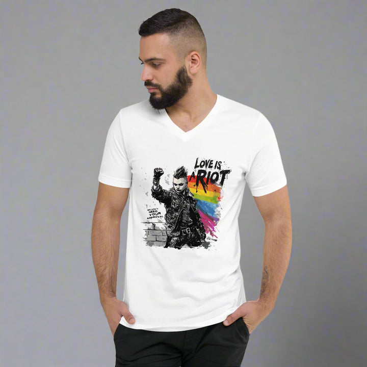 Love Is a Riot LGBTQ+ Punk Pride V-Neck – White Unisex Tee for Queer Rebels 2025