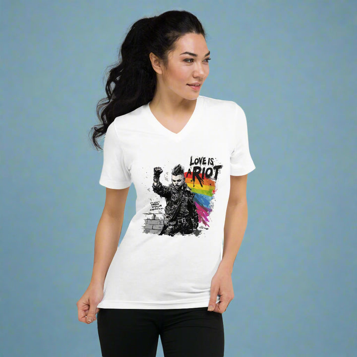 Love Is a Riot LGBTQ+ Punk Pride V-Neck – White Unisex Tee for Queer Rebels 2025