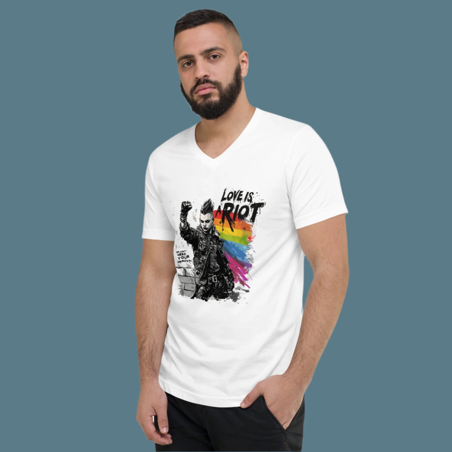 Love Is a Riot LGBTQ+ Punk Pride V-Neck – White Unisex Tee for Queer Rebels 2025