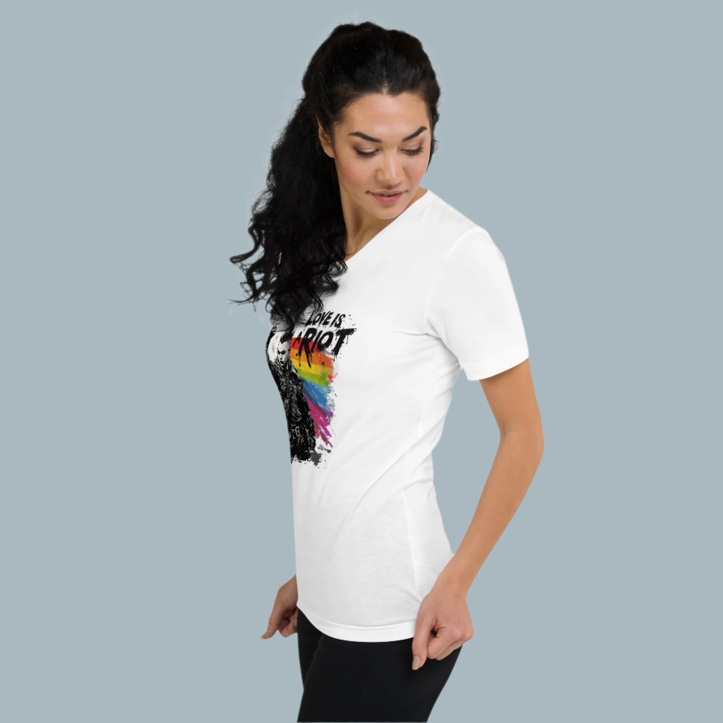 Love Is a Riot LGBTQ+ Punk Pride V-Neck – White Unisex Tee for Queer Rebels 2025
