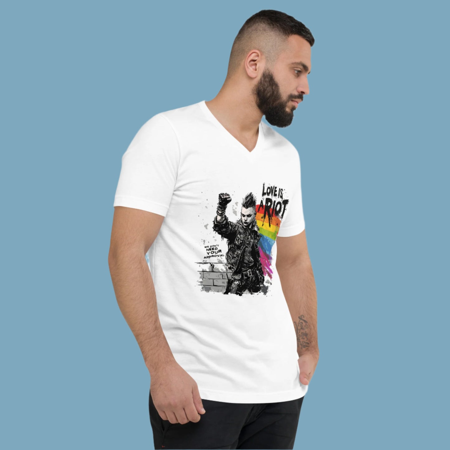 Love Is a Riot LGBTQ+ Punk Pride V-Neck – White Unisex Tee for Queer Rebels 2025