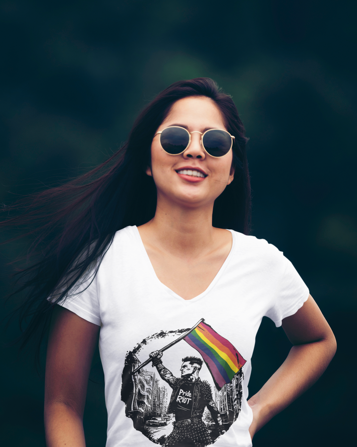 Flagbearer Pride V-Neck – Unisex LGBTQ+ T-Shirt | Punk-Inspired, Bold & Rebellious | Pride Riot Apparel