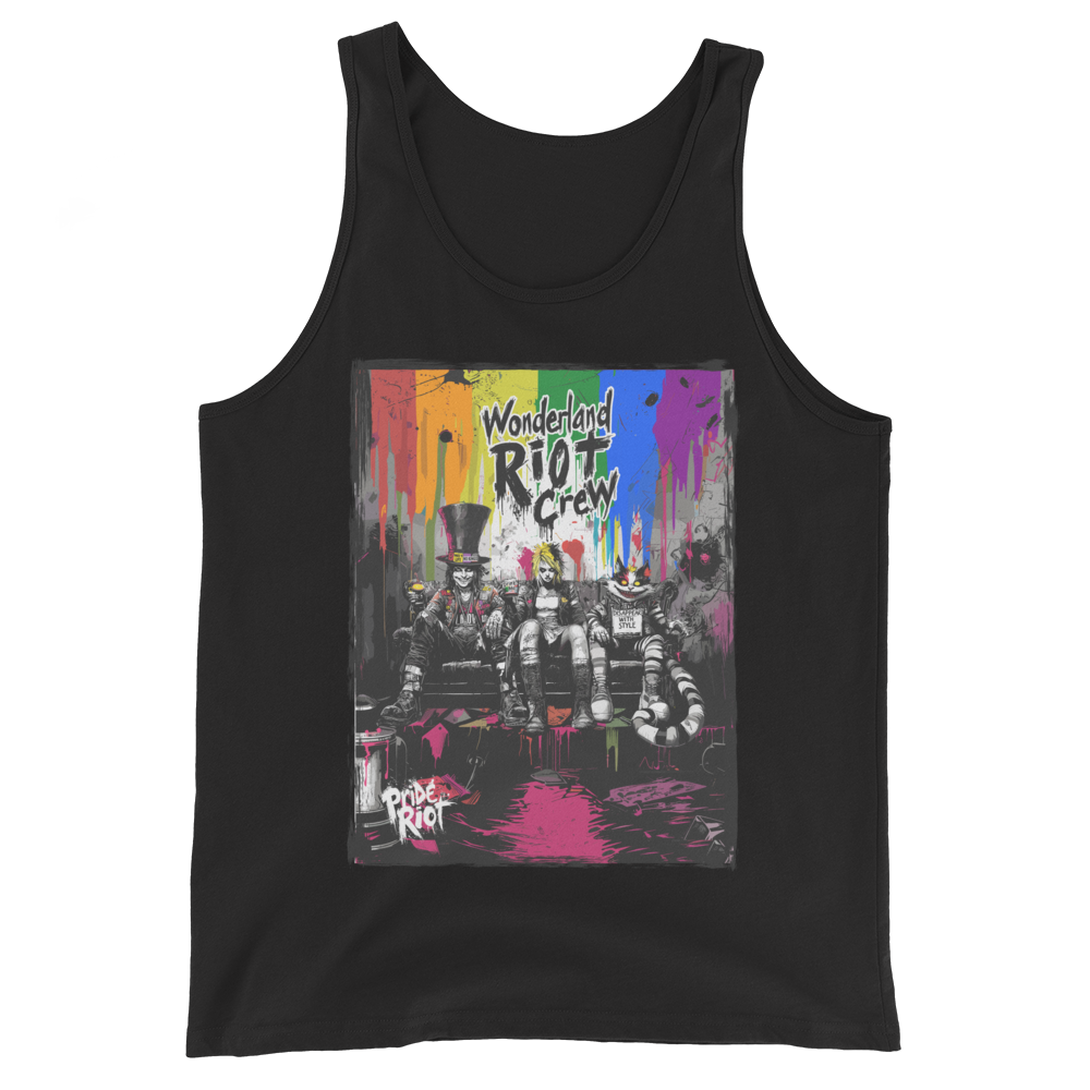 Wonderland Riot Crew tank, black — flat lay, punk Alice characters with a rainbow drip — Pride Riot