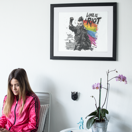 Love Is a Riot – Framed & Matted Queer Punk Poster (Rainbow Protest Art, Museum-Quality Print)