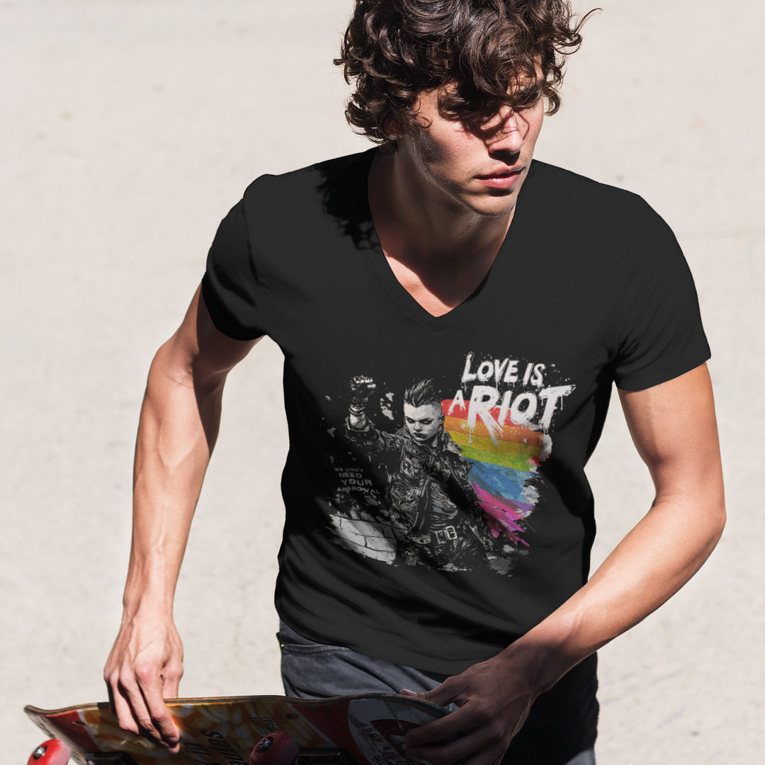 Love Is a Riot – Black V-Neck Pride 2025 Tee (Unisex Fit, LGBTQ+ Punk Style)